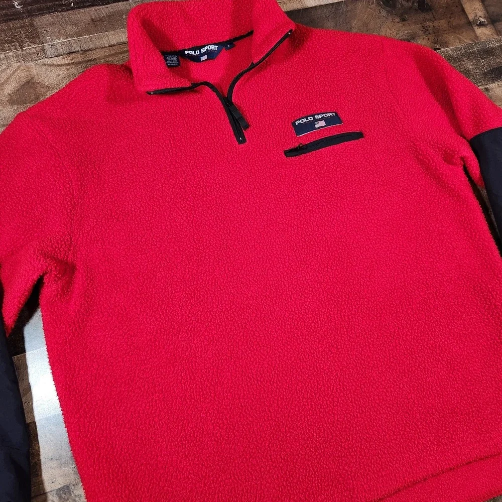 Vintage Ralph Lauren Polo Sport Sweater Mens Large Red Fleece 1/4 Zip 90s